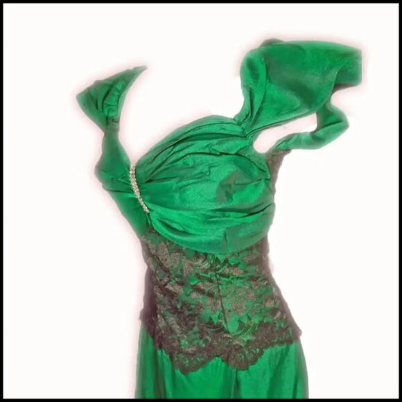 Green Formal Gown, TEA LENGTH with Black Lace Corset VFG Vintage 80s DRAMA - Picture 7 of 16